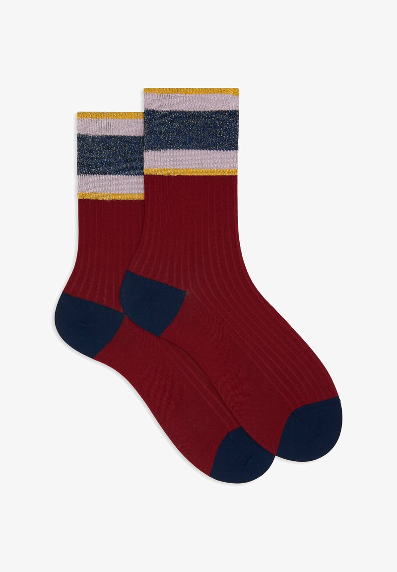 Ribbed red socks with a navy blue cuff featuring stripes in gold, light pink, and dark blue. Includes a reinforced navy toe and heel.