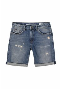 Pantalones cortos de mezclilla en un lavado azul medio con bordes deshilachados, detalles desgastados y un dobladillo enrollado. Cuenta con cinco bolsillos y un cierre de botón.