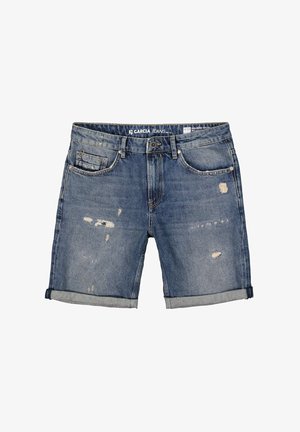Shorts en denim dans un lavage bleu moyen avec des bords effilochés, des détails usés et un ourlet roulé. Comprend cinq poches et une fermeture à bouton.