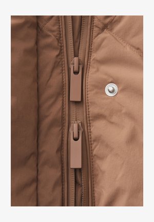 Brown puffer jacket featuring a central zipper with matching pull tabs and a silver snap button detail on the side. Smooth fabric texture.