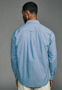 Light blue long-sleeve shirt with vertical stripes in darker shades, button cuffs, and a back pleat detail. Soft, textured fabric.