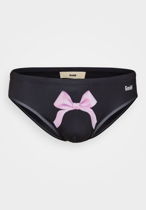 Bas de bikini noir avec un design de nœud rose à l'avant. Fabriqué en matériau lisse, il présente un logo GMBH et une bordure grise contrastante.