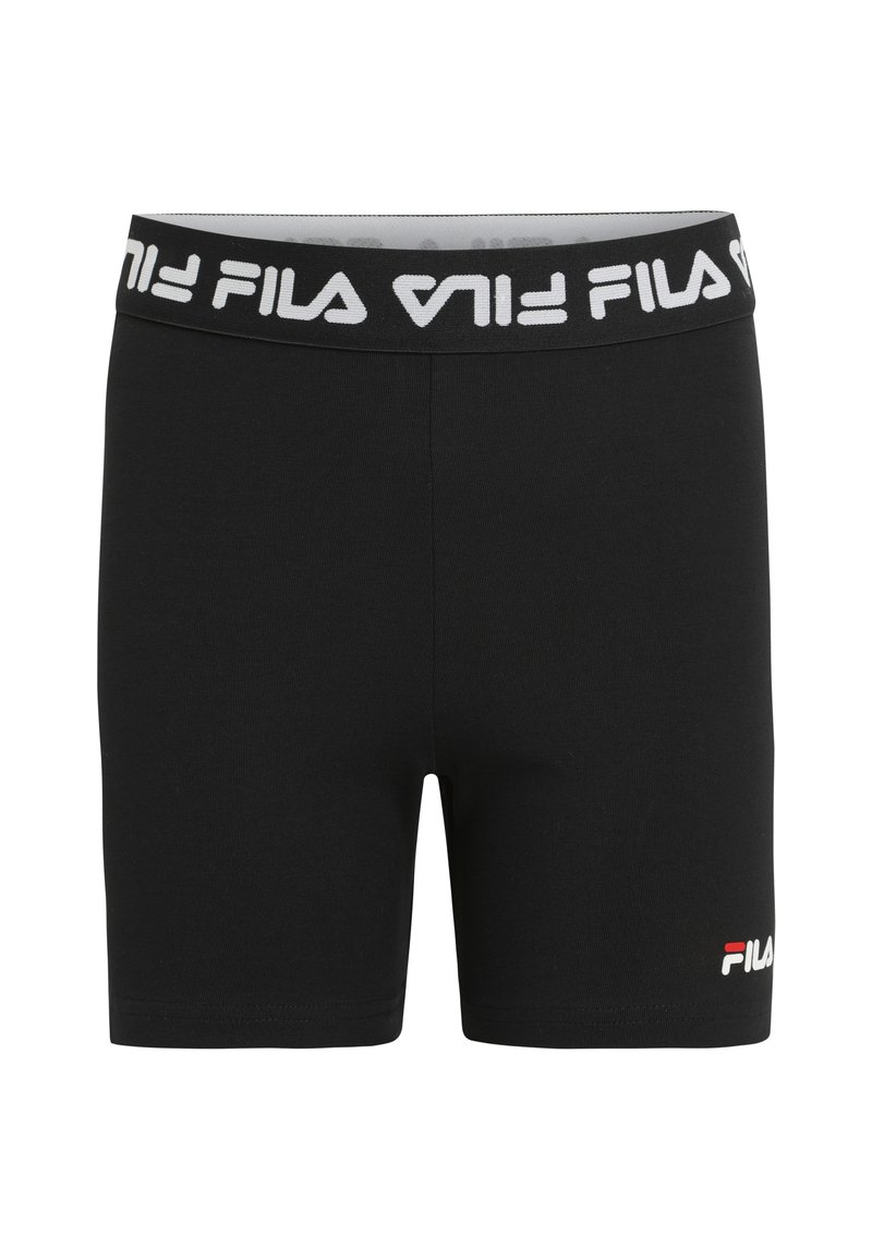 Svarta sportshorts i en bomullsblandning, med en vit elastisk midja med varumärkeslogotyp och en liten logodetalj i färg på nedre vänstra sidan.