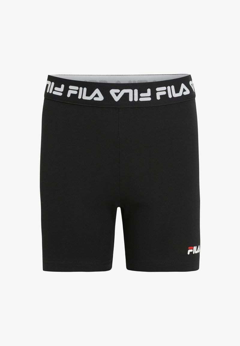 Svarta sportshorts i en bomullsblandning, med en vit elastisk midja med varumärkeslogotyp och en liten logodetalj i färg på nedre vänstra sidan.