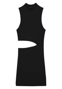 Robe noire sans manches avec un col haut, présentant un détail découpé à la taille. Fabriquée en tissu lisse et extensible avec un design ajusté.