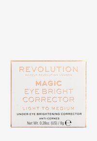 Weiße Verpackung mit roségoldener Schrift. Produkt bezeichnet als "Magic Eye Bright Corrector" für helle bis mittlere Hauttöne. 0,28 oz (8 g).