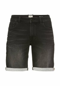 Schwarze Denim-Shorts mit aufgeschlagenen Säumen, mit Knopfverschluss, fünf Taschen und einer dezenten, ausgewaschenen Textur.