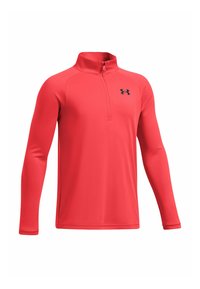 Punainen pitkähihaisen urheilupaidan, jossa on vetoketjullinen mock-neck, valmistettu joustavaasta kankaasta ja jossa on musta logo vasemmassa rinnassa.