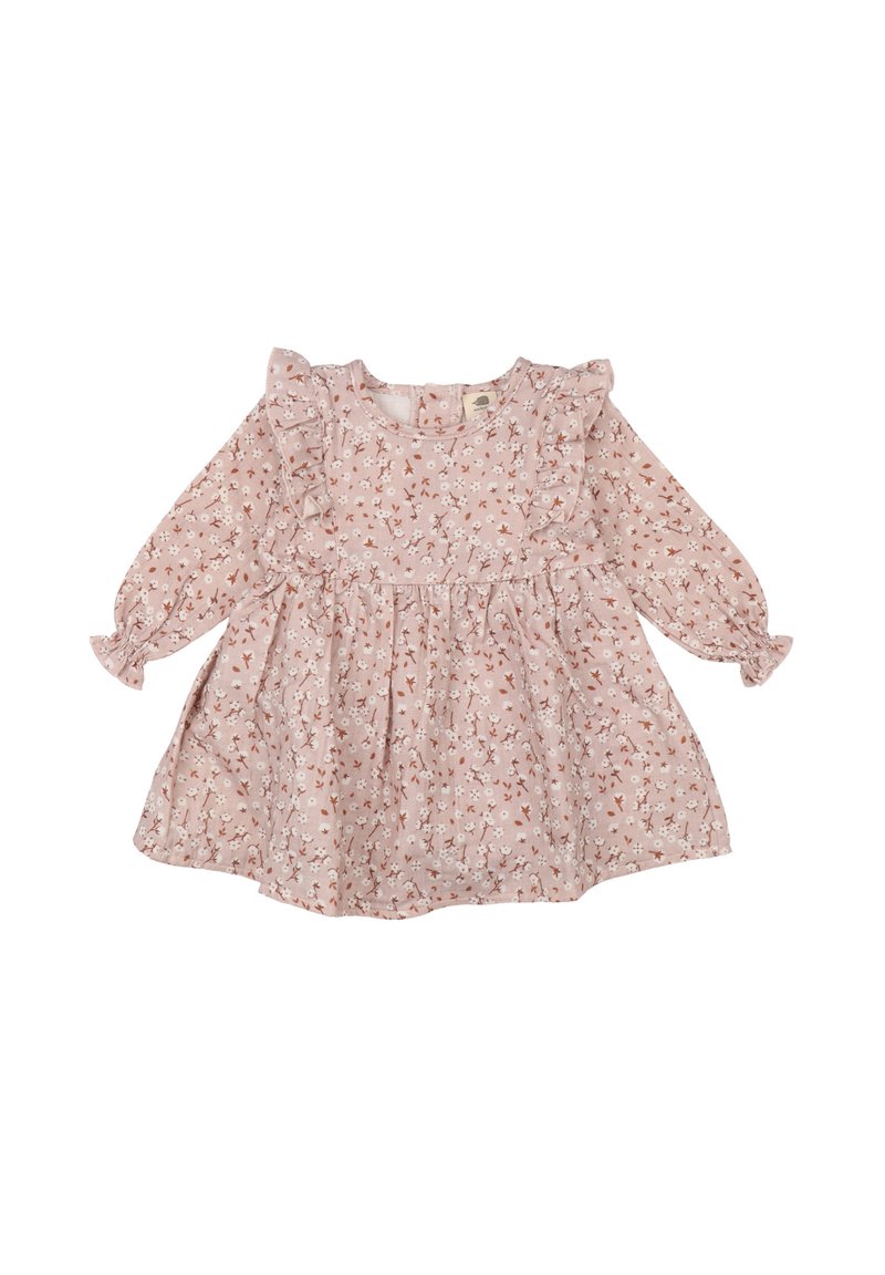 Pink floral dress with long sleeves, ruffled neckline and sleeves, and an empire waist. Features a lightweight, textured fabric and gathers.