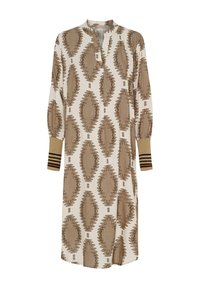 Langærmet kjole med en cremefarvet bund og brune zigzag- og oval mønstre, krave ved halsen og teksturerede strikmanchetter med striber.