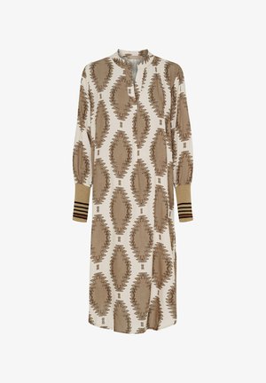 Langærmet kjole med en cremefarvet bund og brune zigzag- og oval mønstre, krave ved halsen og teksturerede strikmanchetter med striber.