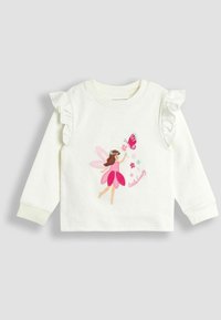 Witte sweatshirt met ruches aan de mouwen, met een fee ontwerp in roze en lavendel borduursel, vergezeld van vlinders en bloemen.