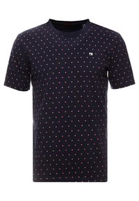 Marineblå bomulds T-shirt med korte ærmer, med et gentaget diamantmønster i pink. Inkluderer et lille logo på brystet.