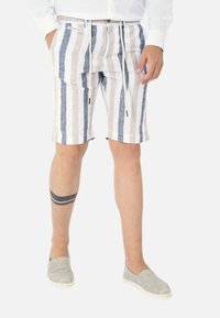 Pantaloni corti in lino a righe beige e blu con vita regolabile, tasche laterali e lunghezza fino a metà coscia. Indossati con scarpe slip-on grigie.