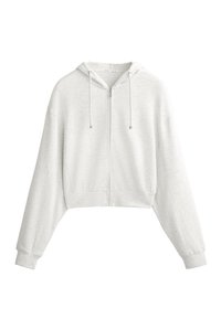 Skraťená biela mikina na zips z mäkkej látky, s kapucňou na šnúrku a rebrovanými manžetami. Minimalistický dizajn s jemne textúrovaným povrchom.