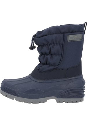 Marineblauwe winterlaars met een gequilt bovenwerk van textiel, rubberen zool, versterkte neus en elastische trekkoord rond de manchetten.