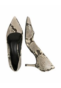 Szpilki z wydłużonym noskiem w teksturowanym, sztucznym wężowym wzorze; czarna podszewka; obcas w stylu stiletto; neutralne odcienie beżu i szarości; elegancki design.