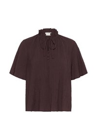 Korte mouwen, paarse blouse van textuurstof, met een ruffle halslijn, strikken en drie knopen aan de voorkant.
