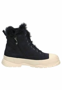 Botas de tobillo de ante azul marino con un collar de piel sintética, suela blanca gruesa, cremallera lateral y diseño de punta redonda. Cuentan con cordones.