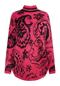 Übergroßer rosa Pullover mit einem schwarzen abstrakten Muster, hohem Kragen und einem Design mit fallenden Schultern sowie gerippten Bündchen und Saum.