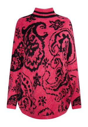 Przytłaczający różowy sweter z czarnym abstrakcyjnym wzorem, wysoki dekolt oraz design z opadającymi ramionami, z prążkowanymi mankietami i dolnym wykończeniem.