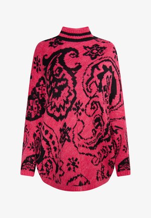 Suéter rosa de gran tamaño con un patrón abstracto negro, cuello alto y diseño de hombros caídos, con puños y dobladillo acanalados.