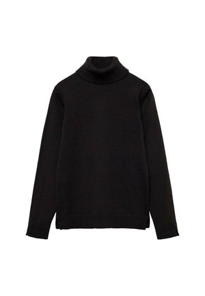 Sort langærmet rullekravesweater med ribstrikket krave, manchetter og kant, lagt fladt på en hvid baggrund.