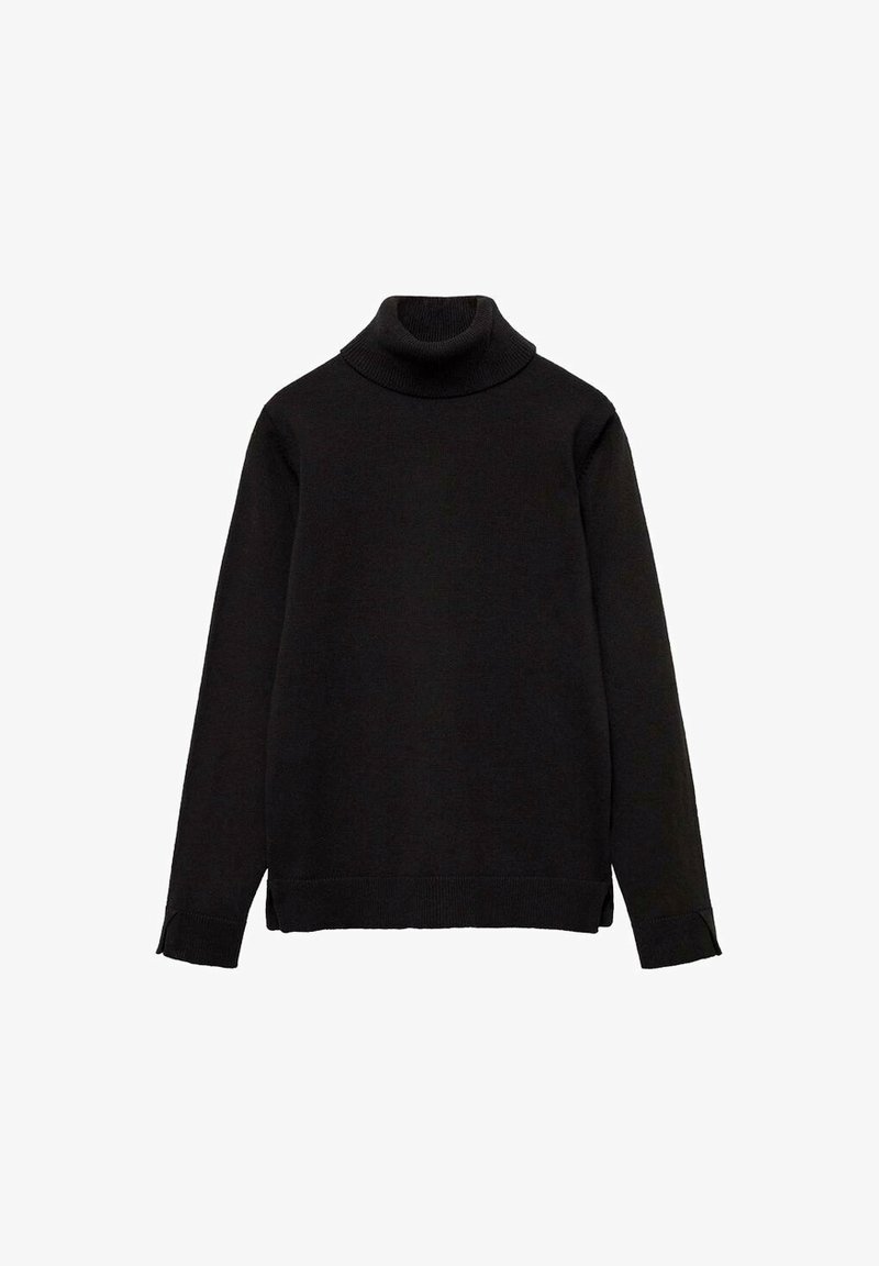Pull noir à col roulé à manches longues avec col, poignets et ourlet côtelés, posé à plat sur un fond blanc.