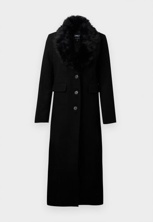 Manteau long noir en mélange de laine, avec un col en fausse fourrure, cinq boutons à l'avant et deux poches latérales. Texture lisse et design ajusté.
