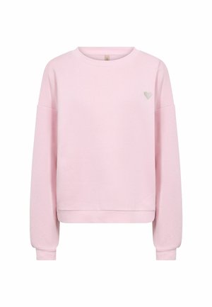 Hellrosa Sweatshirt mit Rundhalsausschnitt, langen Ärmeln und einem kleinen silbernen Herz-Emblem auf der linken Brust.