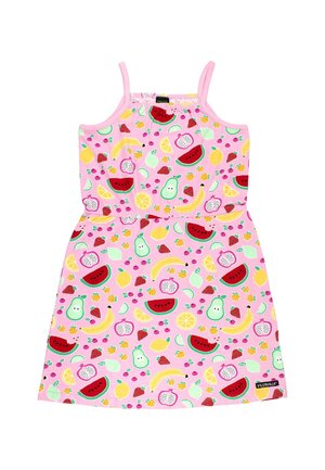 Roze mouwloze jurk met een fruitpatroon van watermeloen, aardbeien, bananen en citroenen. Afgewerkt met een geraffineerde halslijn en tailleband.