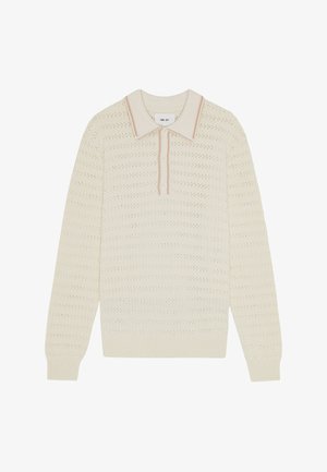 Strickpullover in Creme mit strukturiertem Muster, geripptem Kragen und Bündchen sowie einem kurzen Reißverschluss vorne mit mehrfarbigem Stichdetail.