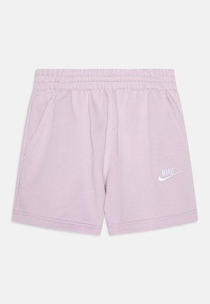 Világos lila, pamut anyagú sort, elasztikus derékkal, két oldalsó zsebével és egy fehér Nike logóval az elején.
