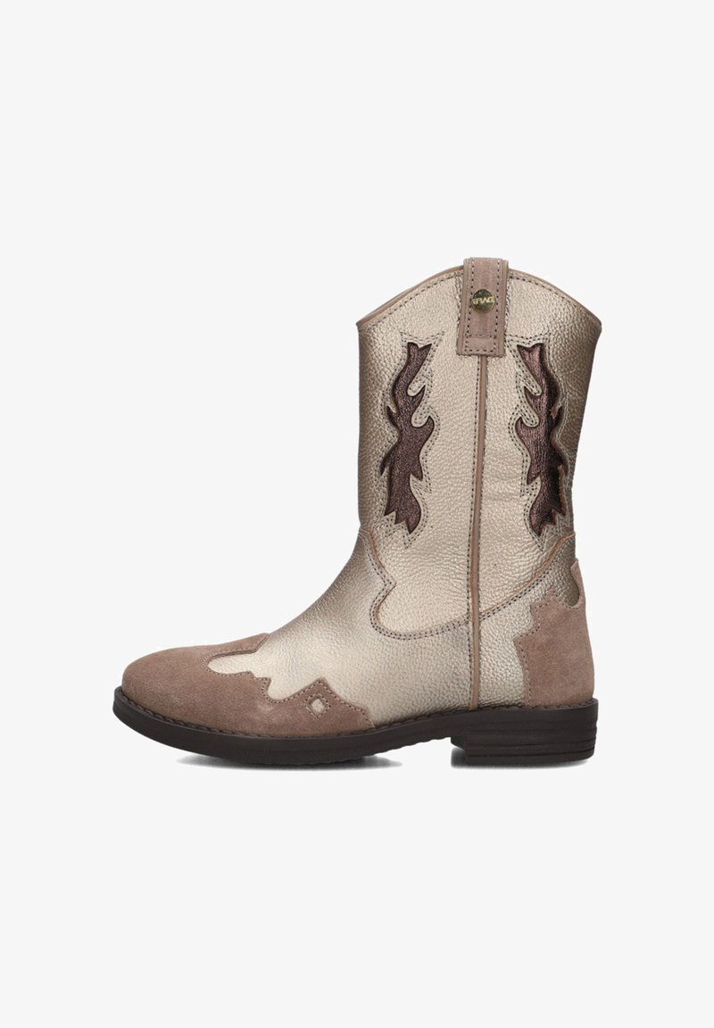 Tan and metallic silver cowboy boots with suede accents, decorative brown stitching, and a low wooden heel. Features a pull tab at the back.