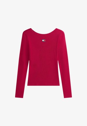 Rød langærmet top med hvid kant ved halsudskæringen og "Tommy Jeans"-logo centreret nær kraven på bagsiden.