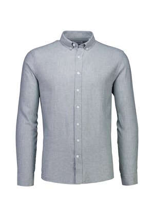 Jasnoszara koszula z długim rękawem na guziki, z kołnierzykiem zapinanym na guziki, siedem białych guzików z przodu oraz mankiety na guziki.