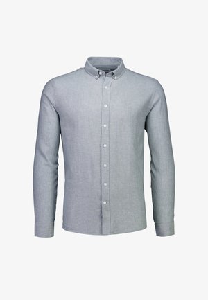 Jasnoszara koszula z długim rękawem na guziki, z kołnierzykiem zapinanym na guziki, siedem białych guzików z przodu oraz mankiety na guziki.