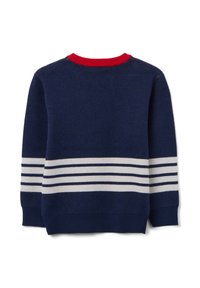 Navyblauw truitje met rode ronde hals en witte horizontale strepen over het midden en de mouwen, gezien van de achterkant.