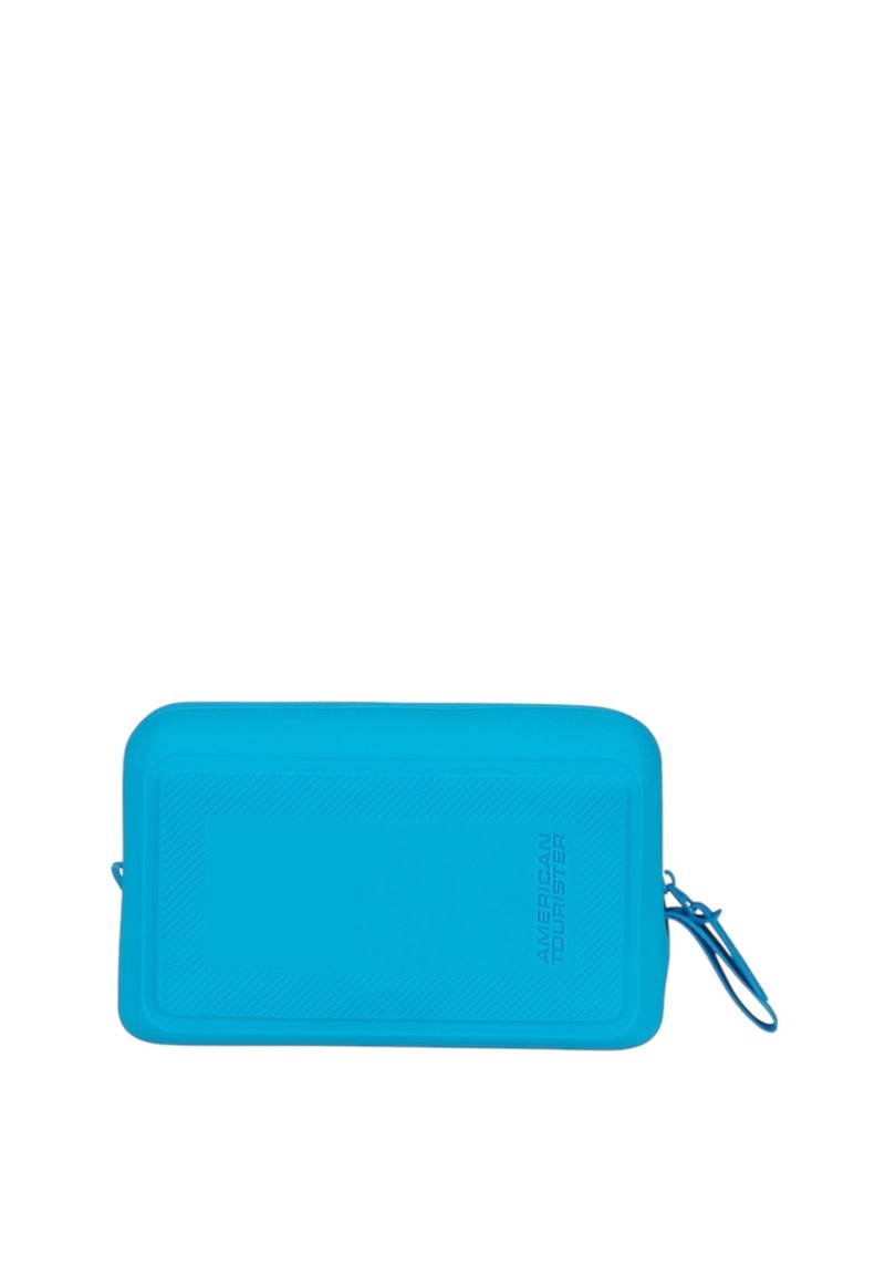 Pocchetto zip in silicone blu con superficie strutturata, dotato di un logo e un design rettangolare uniforme per una conservazione versatile.
