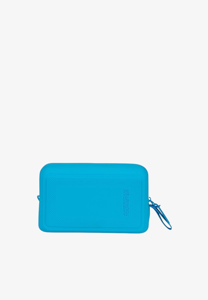 Pocchetto zip in silicone blu con superficie strutturata, dotato di un logo e un design rettangolare uniforme per una conservazione versatile.