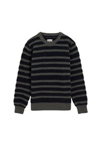 Suéter de punto con franjas horizontales alternadas en azul marino y gris, cuello redondo, puños y dobladillo de canalé, y un acabado de tela texturizada.