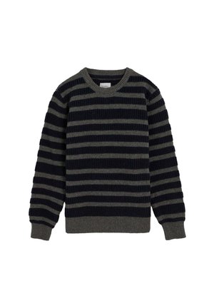 Suéter de punto con franjas horizontales alternadas en azul marino y gris, cuello redondo, puños y dobladillo de canalé, y un acabado de tela texturizada.