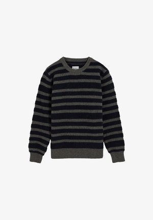 Pulover tricotat cu dungi orizontale alternante de culoare albastru închis și gri, guler tip crew, mansete și tiv cu rimă, având un finisaj texturat al materialului.