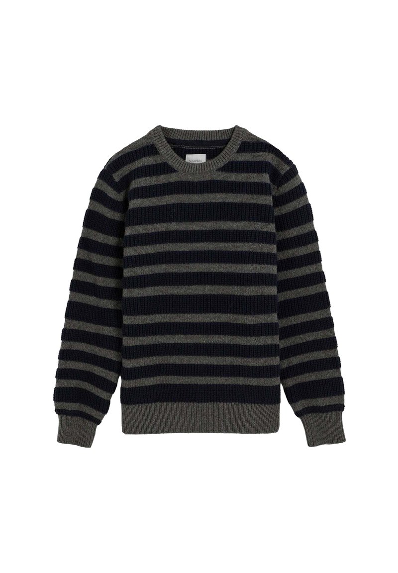 Suéter de punto con franjas horizontales alternadas en azul marino y gris, cuello redondo, puños y dobladillo de canalé, y un acabado de tela texturizada.