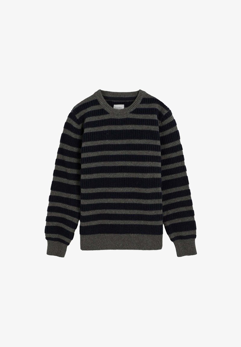 Wzorzysty sweter dzianinowy z naprzemiennymi poziomymi paskami w ciemnoniebieskim i szarym kolorze, okrągłym dekoltem, ściągaczami przy rękawach i u dołu, oraz teksturowanym wykończeniem materiału.