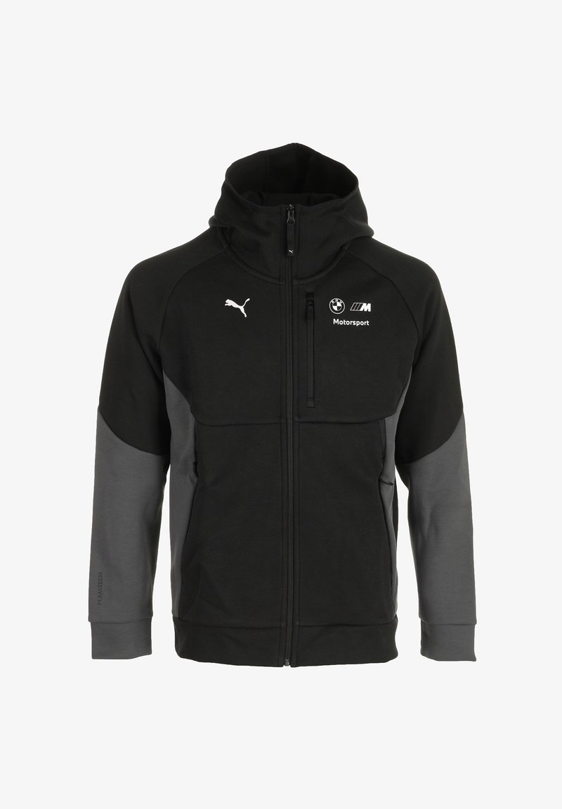 Giacca con cappuccio BMW Motorsport nera e grigia con zip frontale completa, tasca sul petto e logo Puma sul petto destro e sulla manica sinistra.
