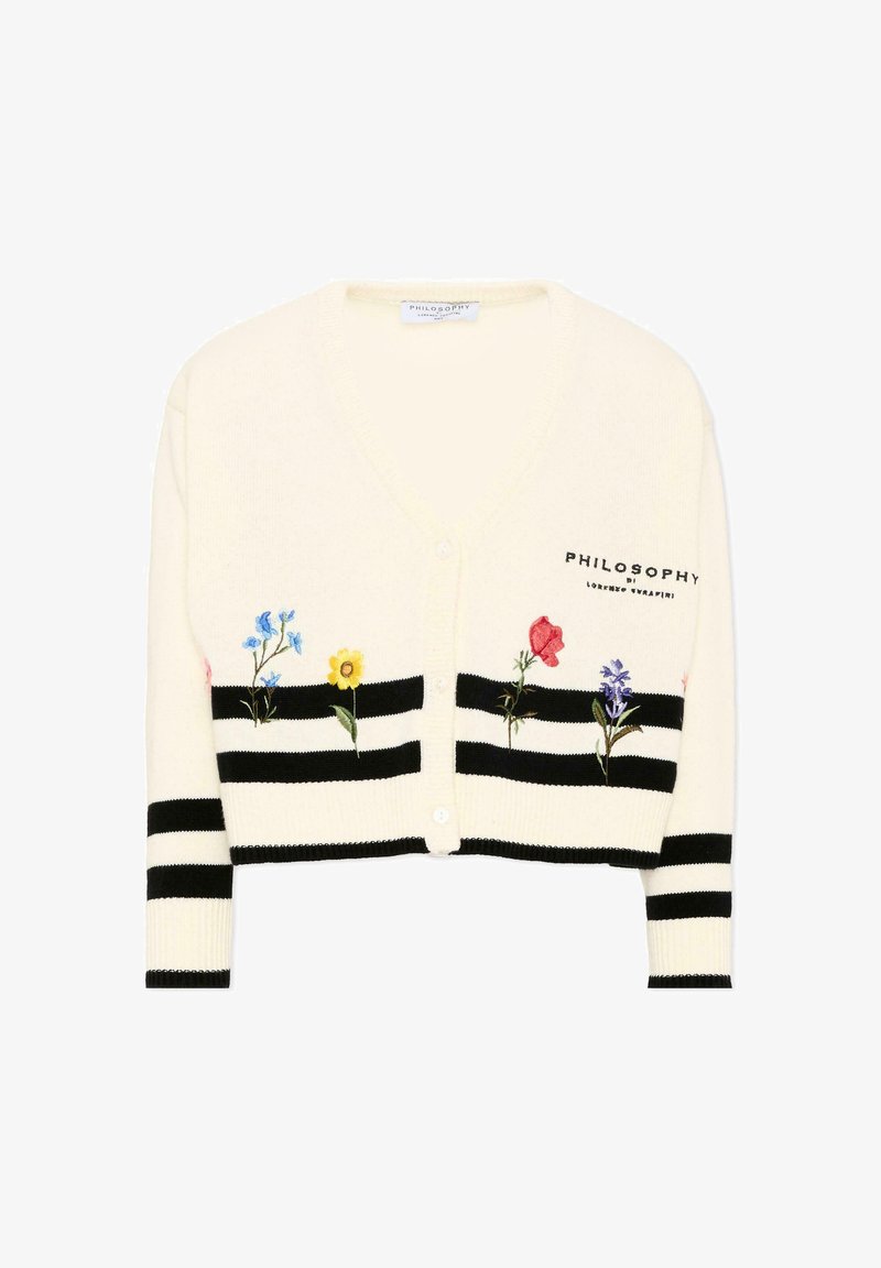 Roomkleurige cardigan met zwarte strepen, geborduurde bloemen in meerdere kleuren, knoopsluiting en "PHILOSOPHY by Lorenzo Serafini" tekst op de borst.