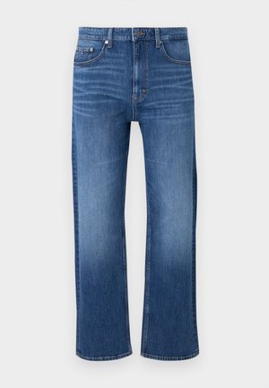 Blue straight-leg denim jeans with classic five-pocket design, button closure, and subtle fading on thighs and knees.