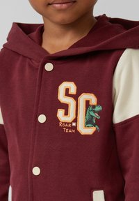 Raudonas džemperis su smėlio spalvos rankovėmis; turi siuvinėtas "SC ROAR TEAM" ir animacinio dinozauro detales. Klasikinis mygtukų užsegimas ir gobtuvas.