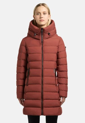Padded red coat with a high collar, front zip closure, and adjustable toggles. Features side pockets and a tailored fit.